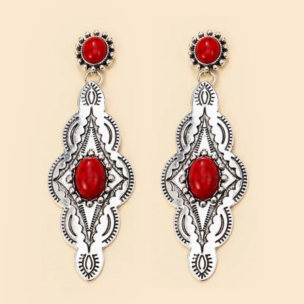 Western Southwestern Boho Cowboy Aged Silver & Red Turquoise Dangle Earrings - Picture 2 of 5